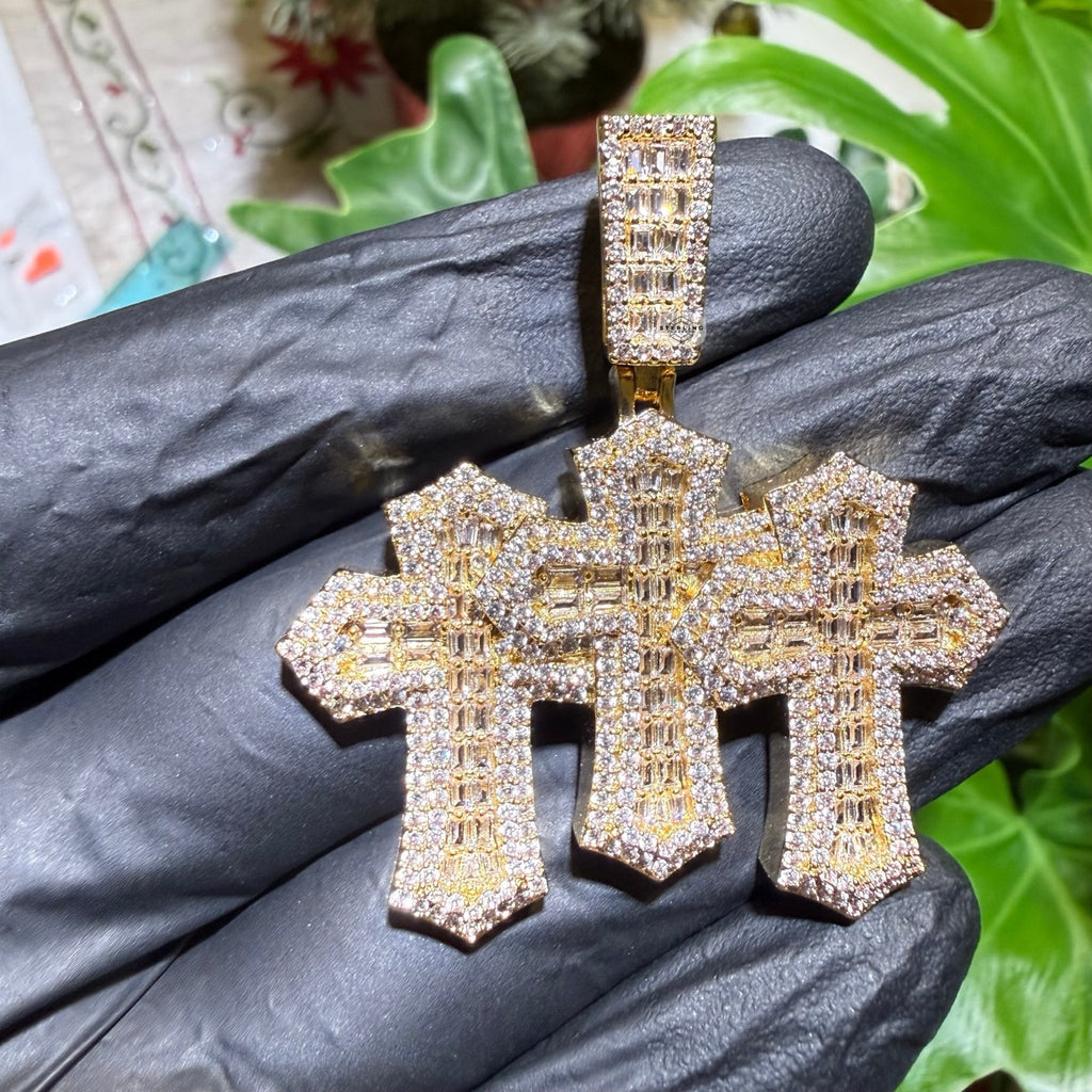 Triple Cross Baguette Iced Pendant 14K Gold Finish
