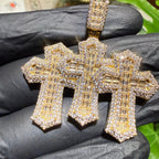 Triple Cross Baguette Iced Pendant 14K Gold Finish