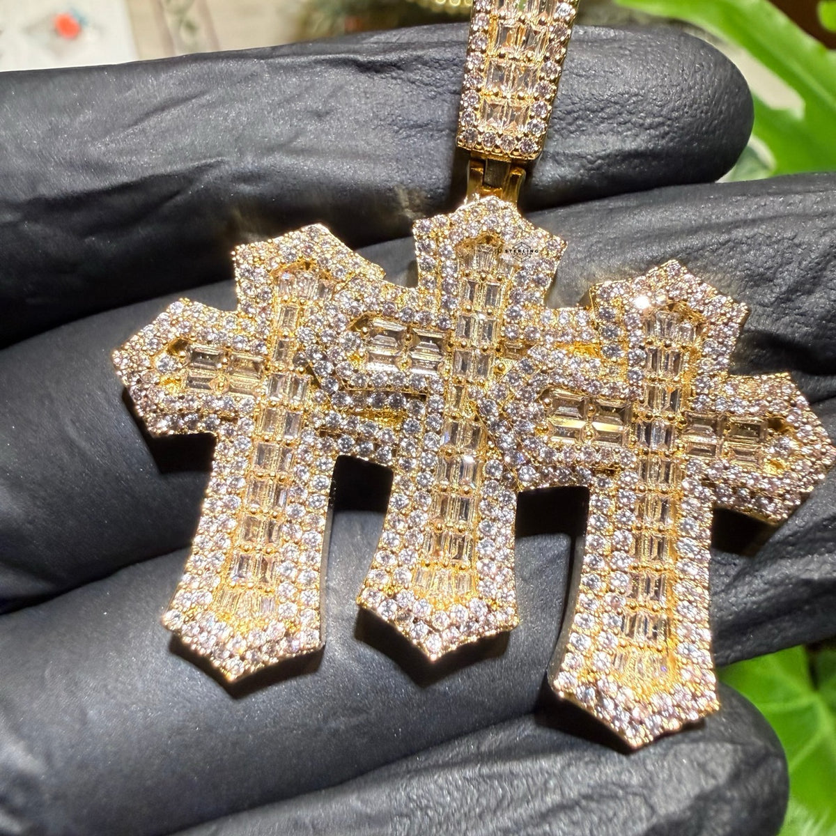 Triple Cross Baguette Iced Pendant 14K Gold Finish
