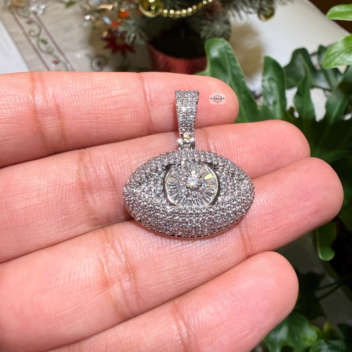 Evil Eye Iced Pendant 14K White Gold Finish
