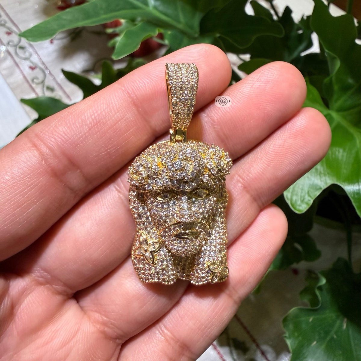 14K Gold Finish Jesus Flower Pendant + Steel Rope Chain