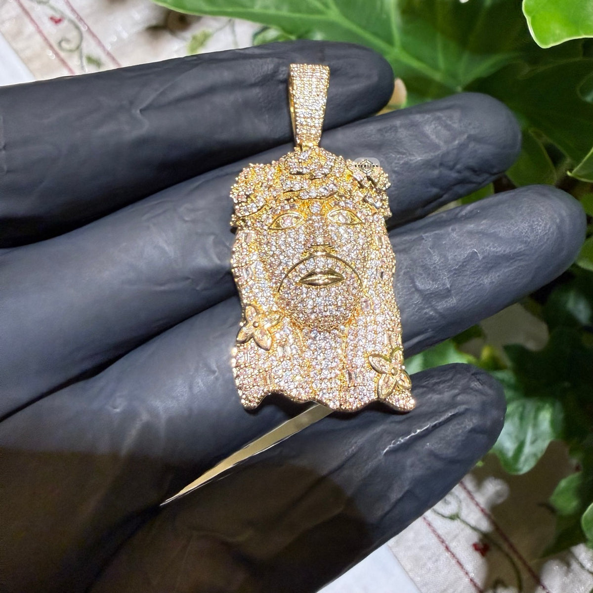 14K Gold Finish Jesus Flower Pendant + Steel Rope Chain