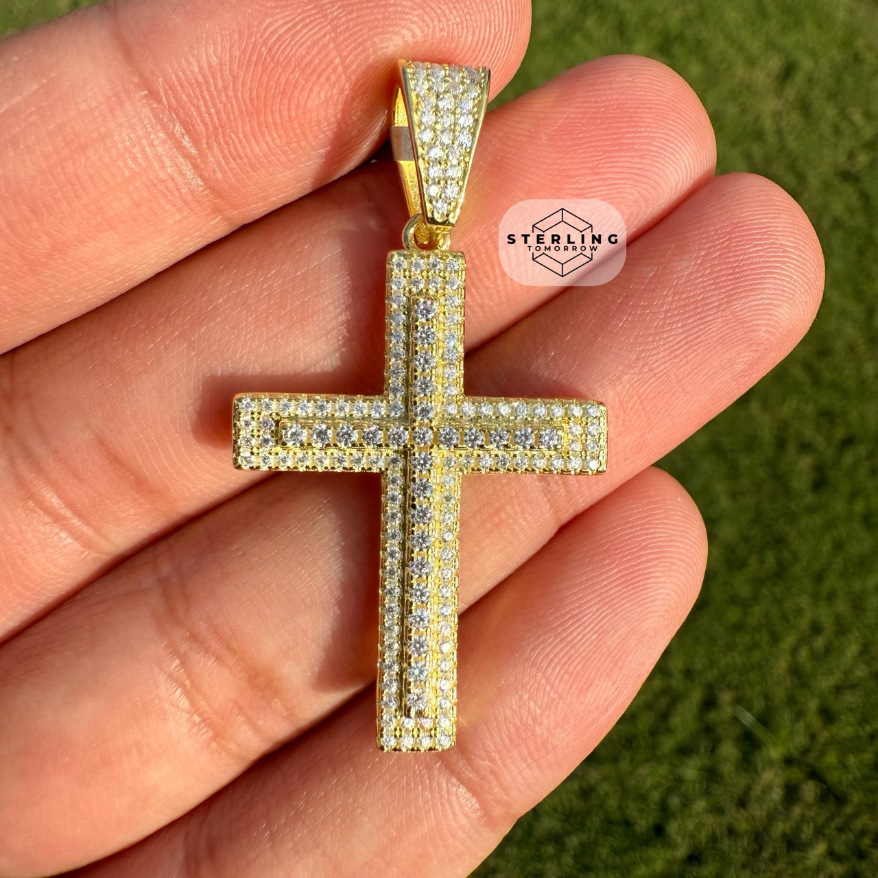 Moissanite 1.5" Gold Tone Iced Out Cross Pendant