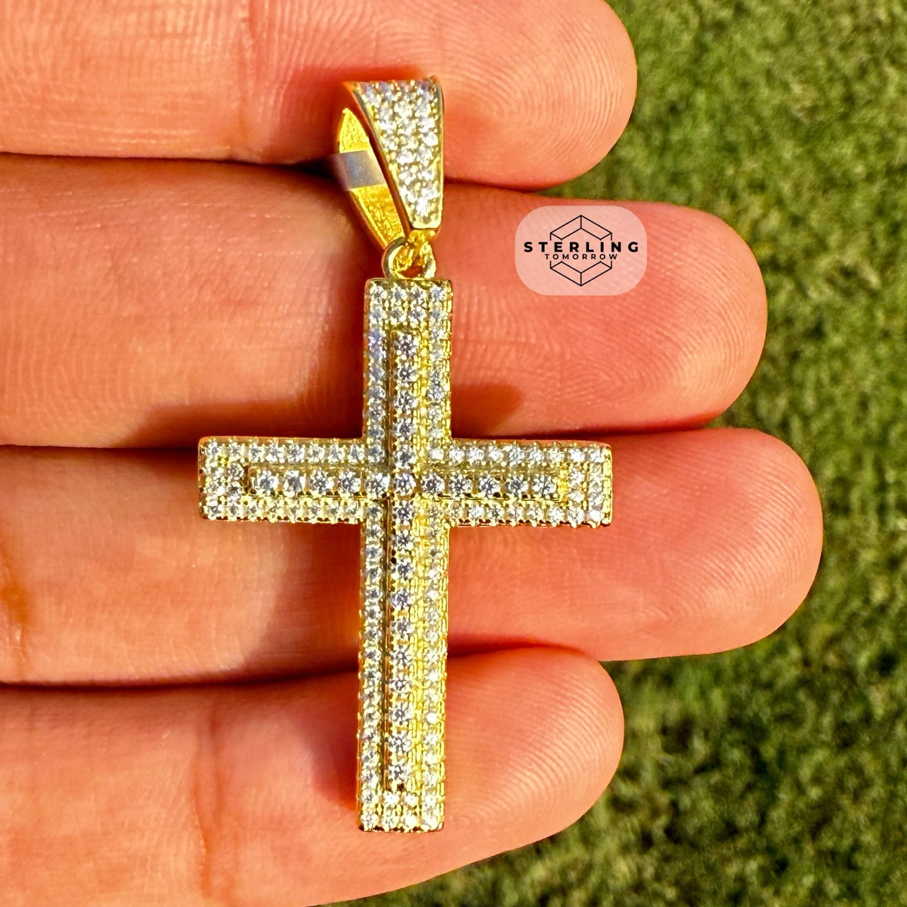 Moissanite 1.5" Gold Tone Iced Out Cross Pendant