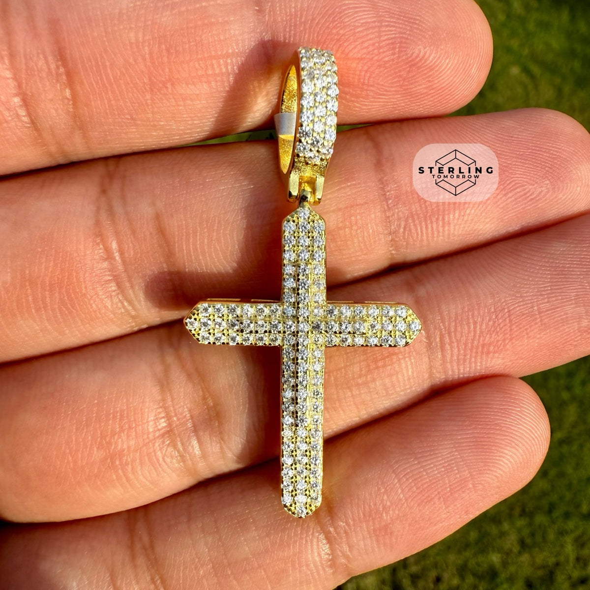 Moissanite Gold Tone Point Cross Pendant