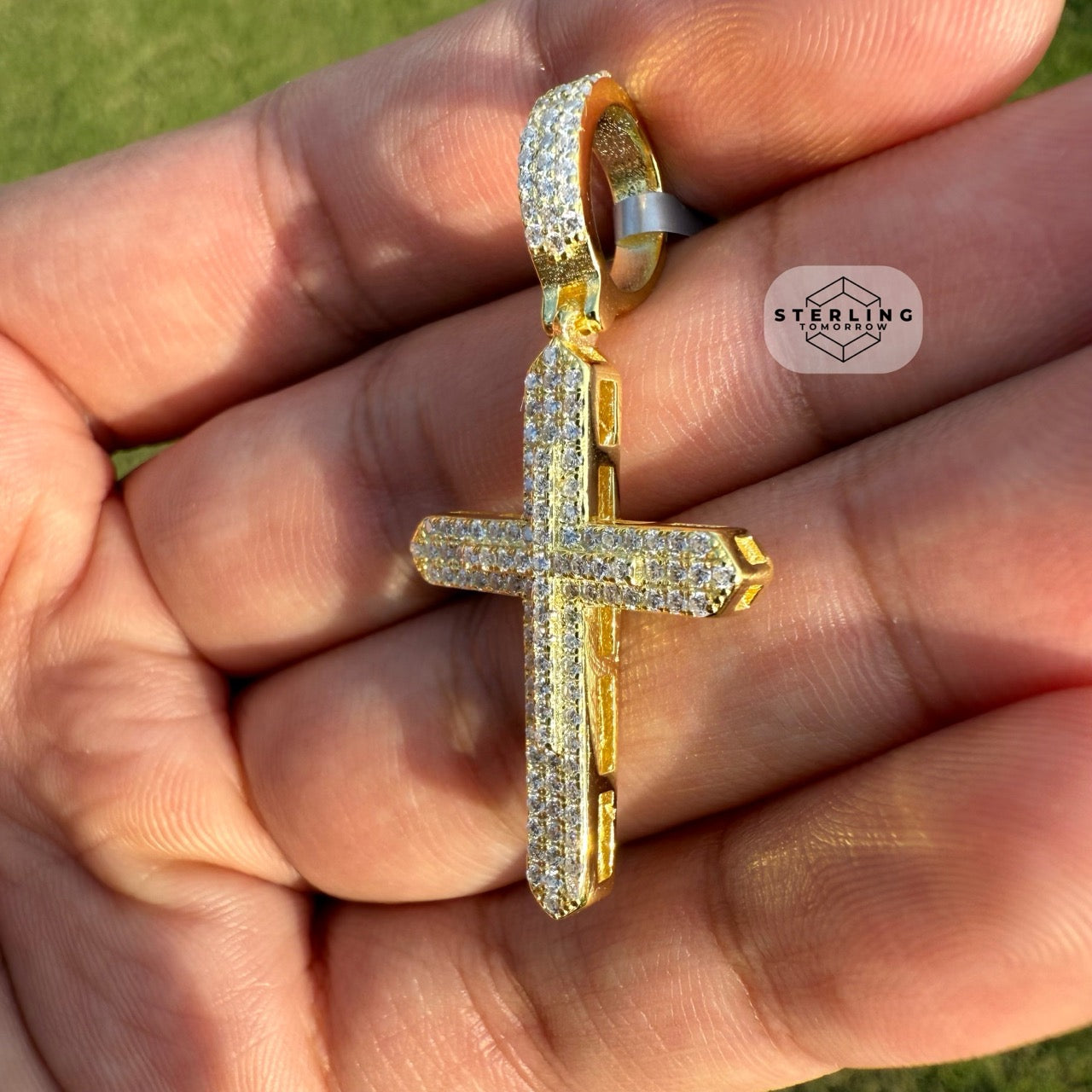 Moissanite Gold Tone Point Cross Pendant