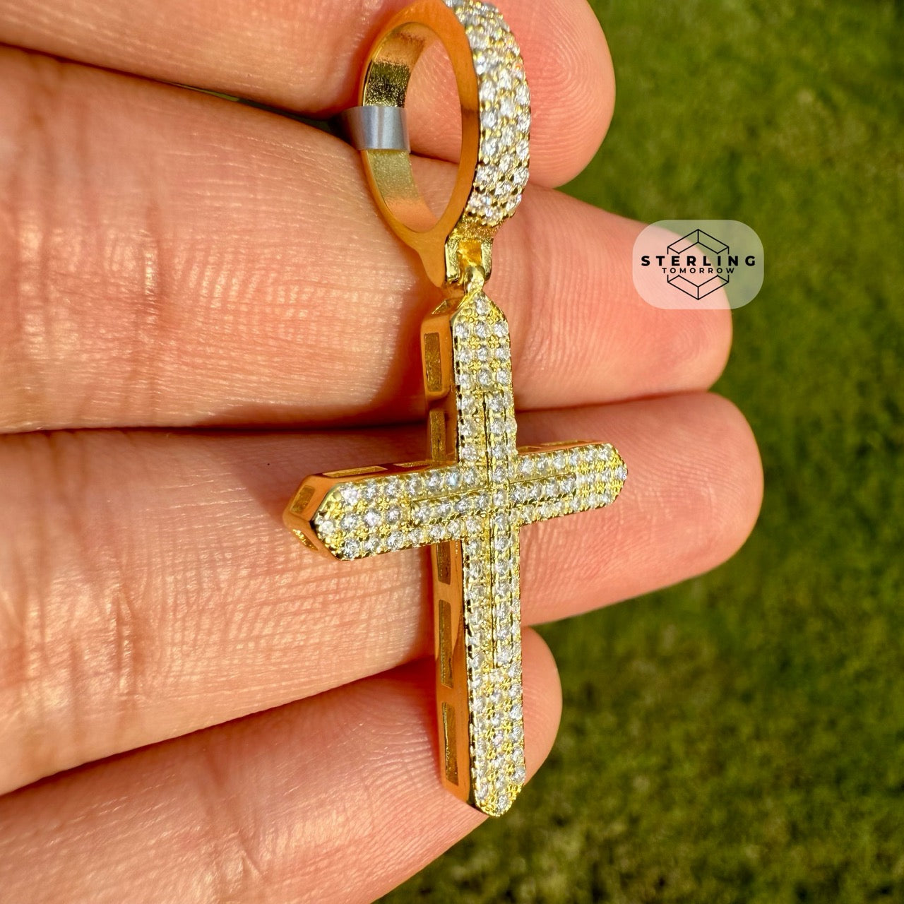 Moissanite Gold Tone Point Cross Pendant