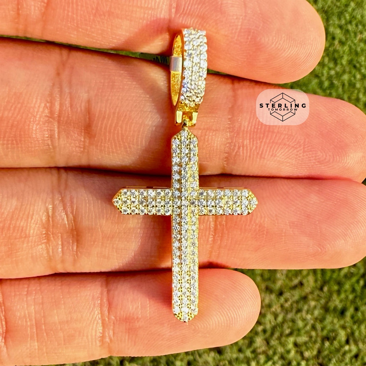 Moissanite Gold Tone Point Cross Pendant