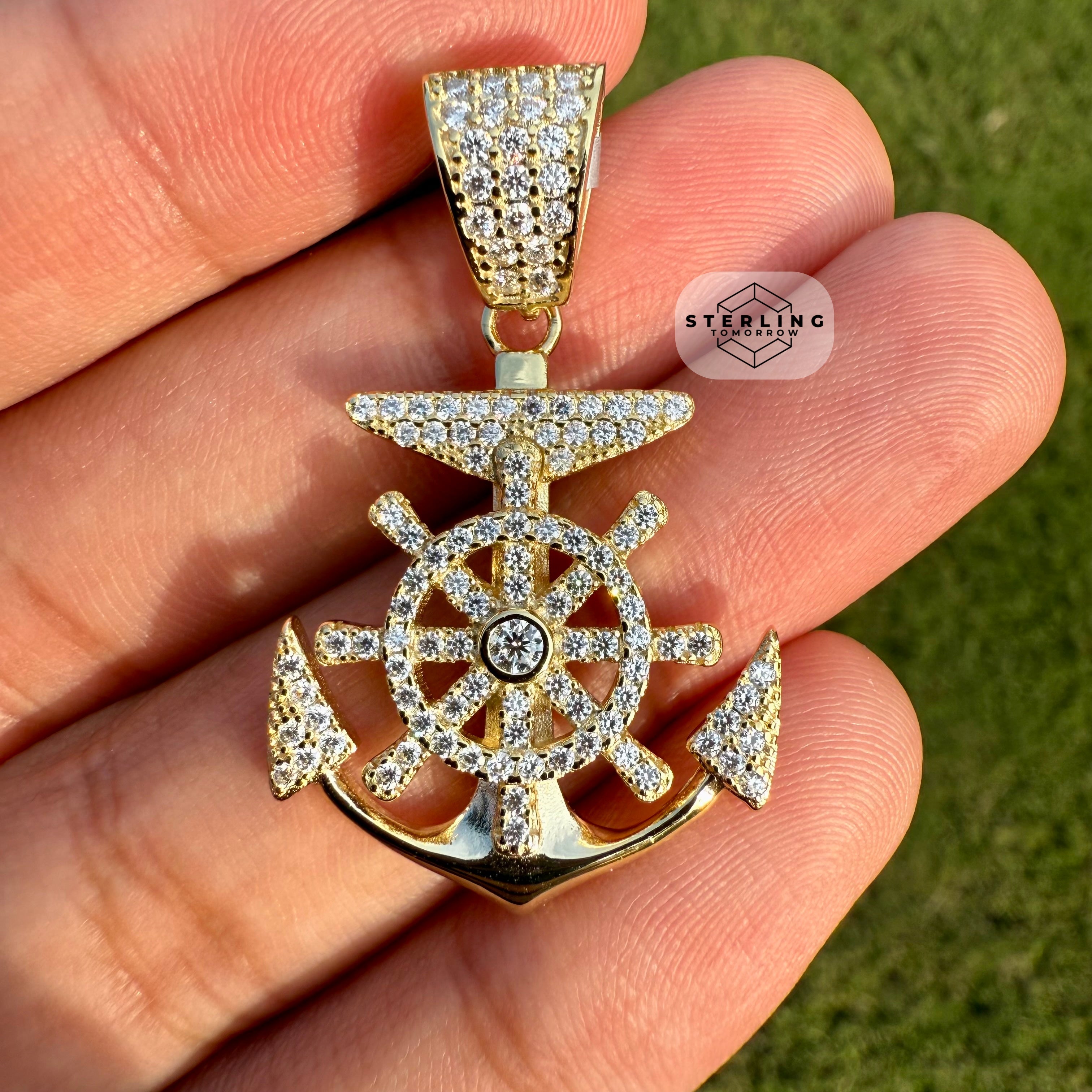 Moissanite Gold Tone Anchor Pendant