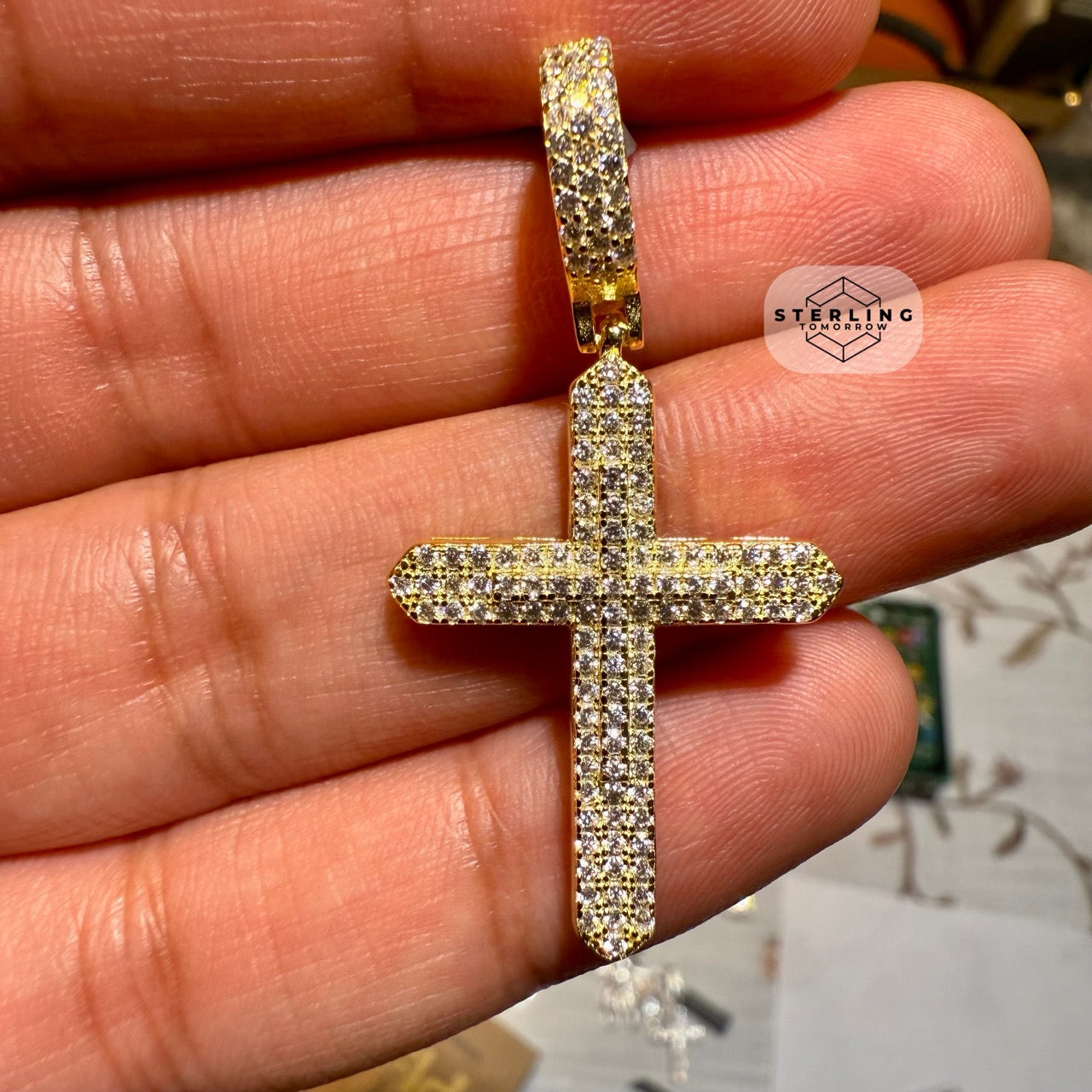 Moissanite Gold Tone Point Cross Pendant