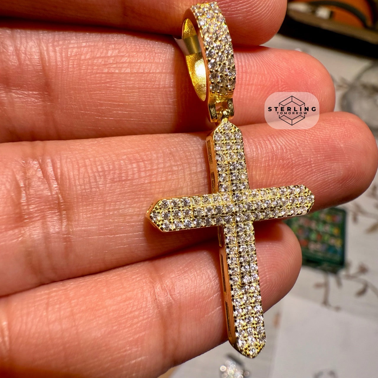 Moissanite Gold Tone Point Cross Pendant