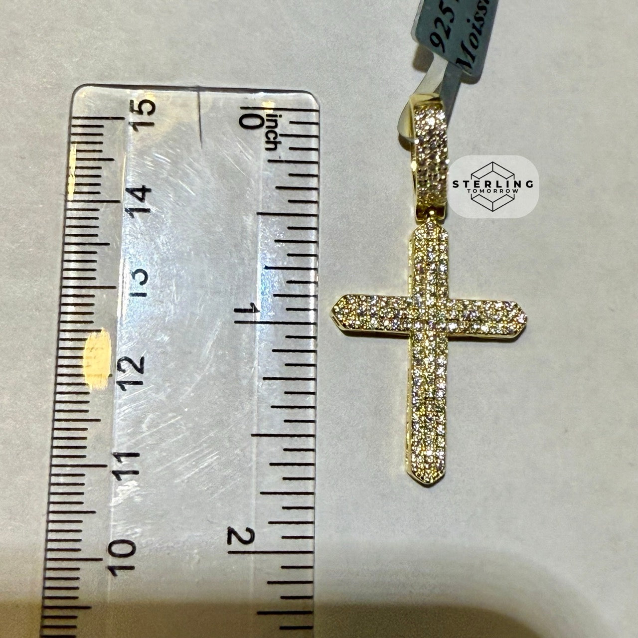 Moissanite Gold Tone Point Cross Pendant