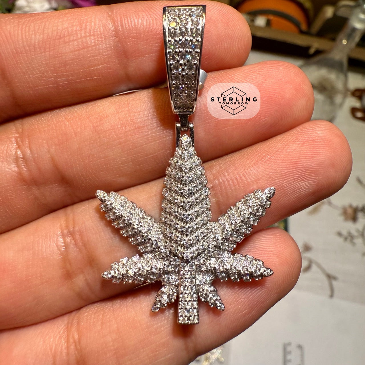 Marijuana Leaf Moissanite 2" Pendant