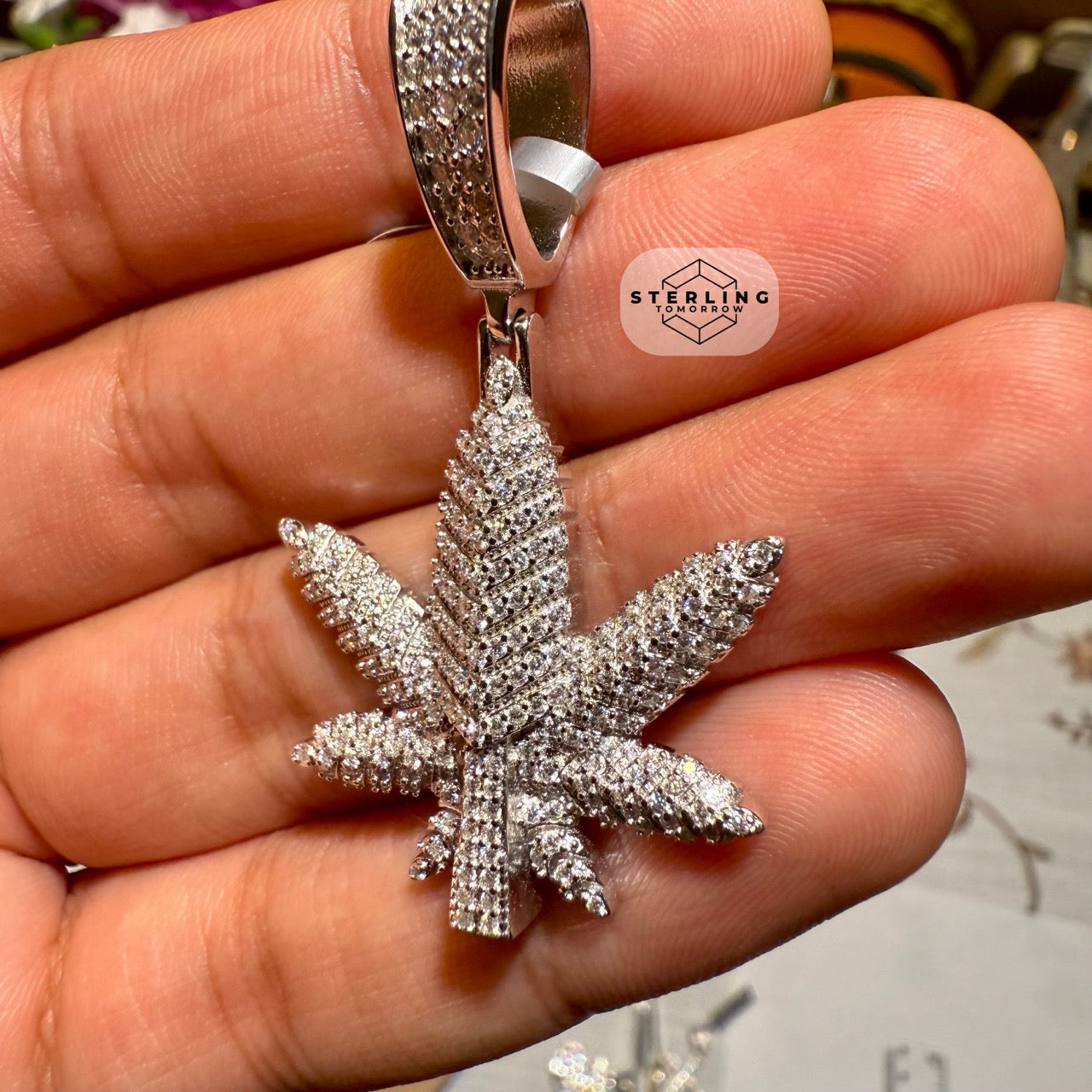 Marijuana Leaf Moissanite 2" Pendant
