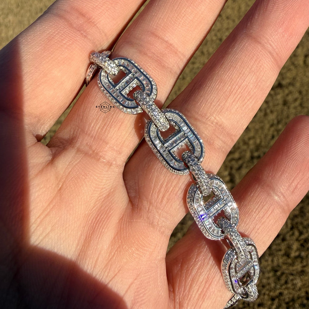 Baguette Oval Link Iced Bracelet 13mm 8" 925 Sterling Silver CZ