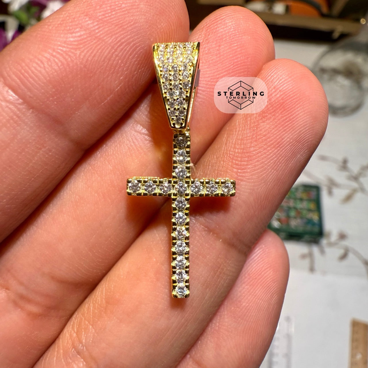Moissanite Slim Gold Tone Cross Pendant