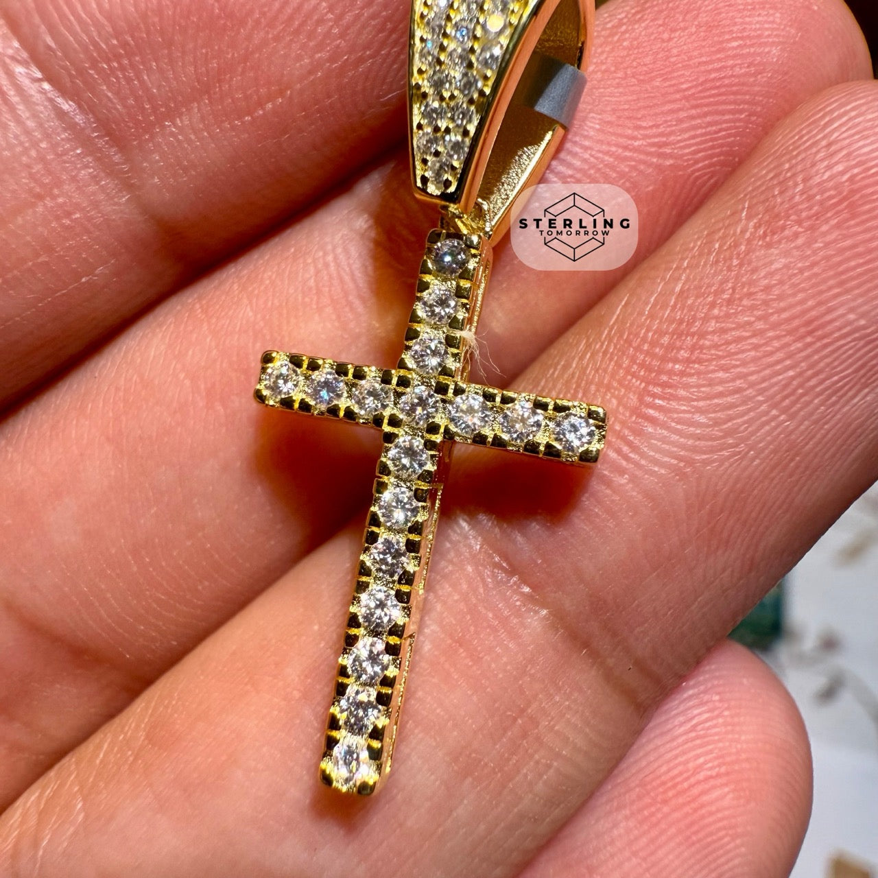 Moissanite Slim Gold Tone Cross Pendant