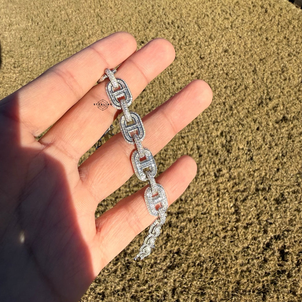 Baguette Oval Link Iced Bracelet 13mm 8" 925 Sterling Silver CZ