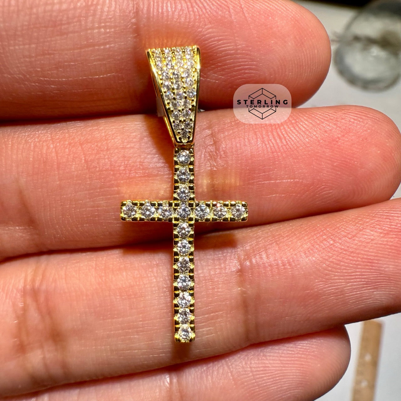 Moissanite Slim Gold Tone Cross Pendant