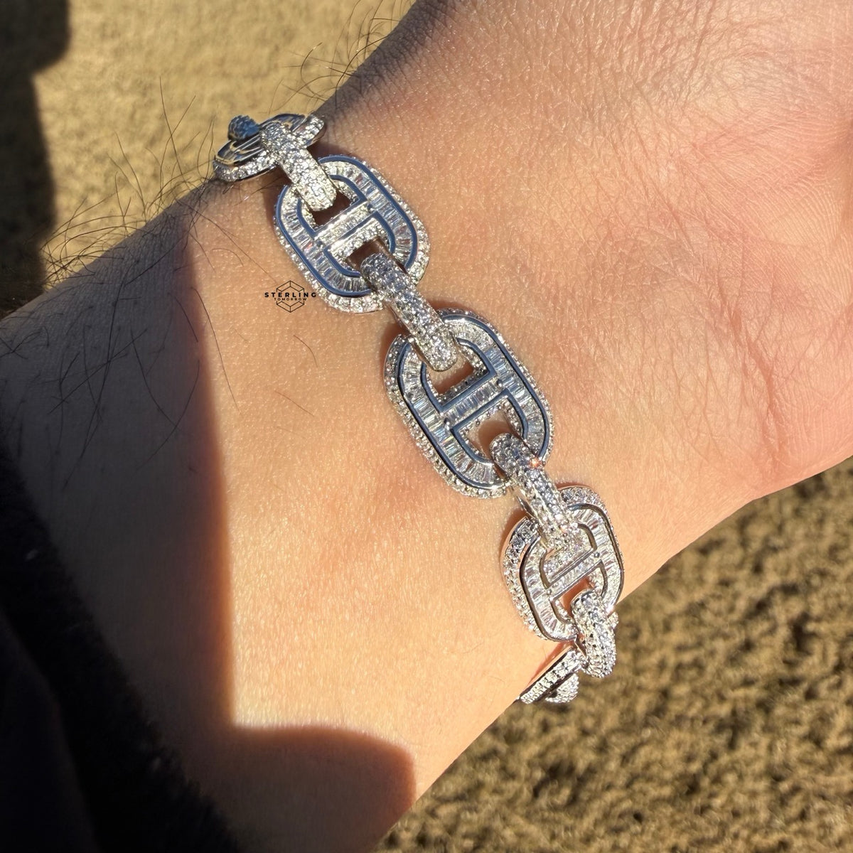 Baguette Oval Link Iced Bracelet 13mm 8" 925 Sterling Silver CZ