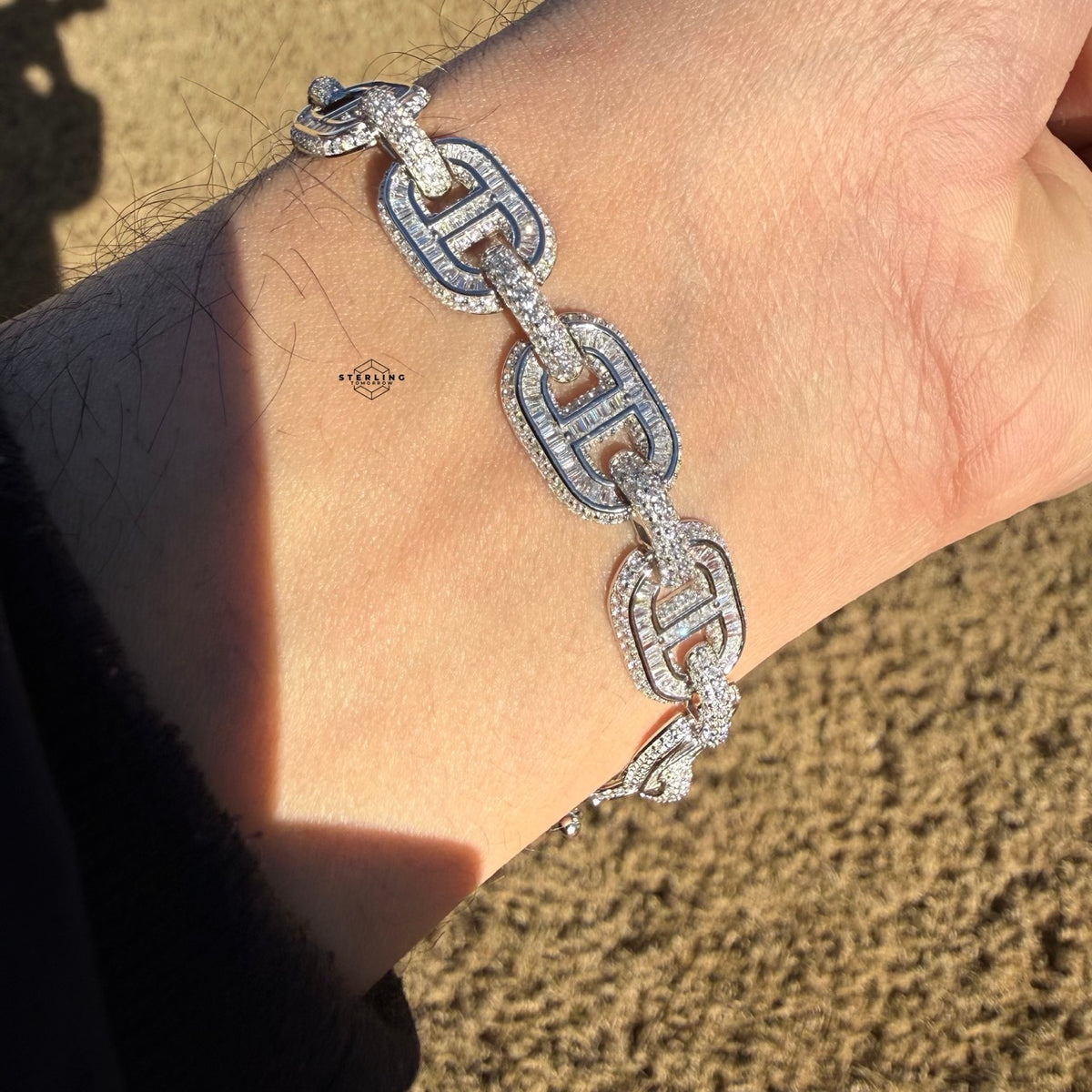 Baguette Oval Link Iced Bracelet 13mm 8" 925 Sterling Silver CZ
