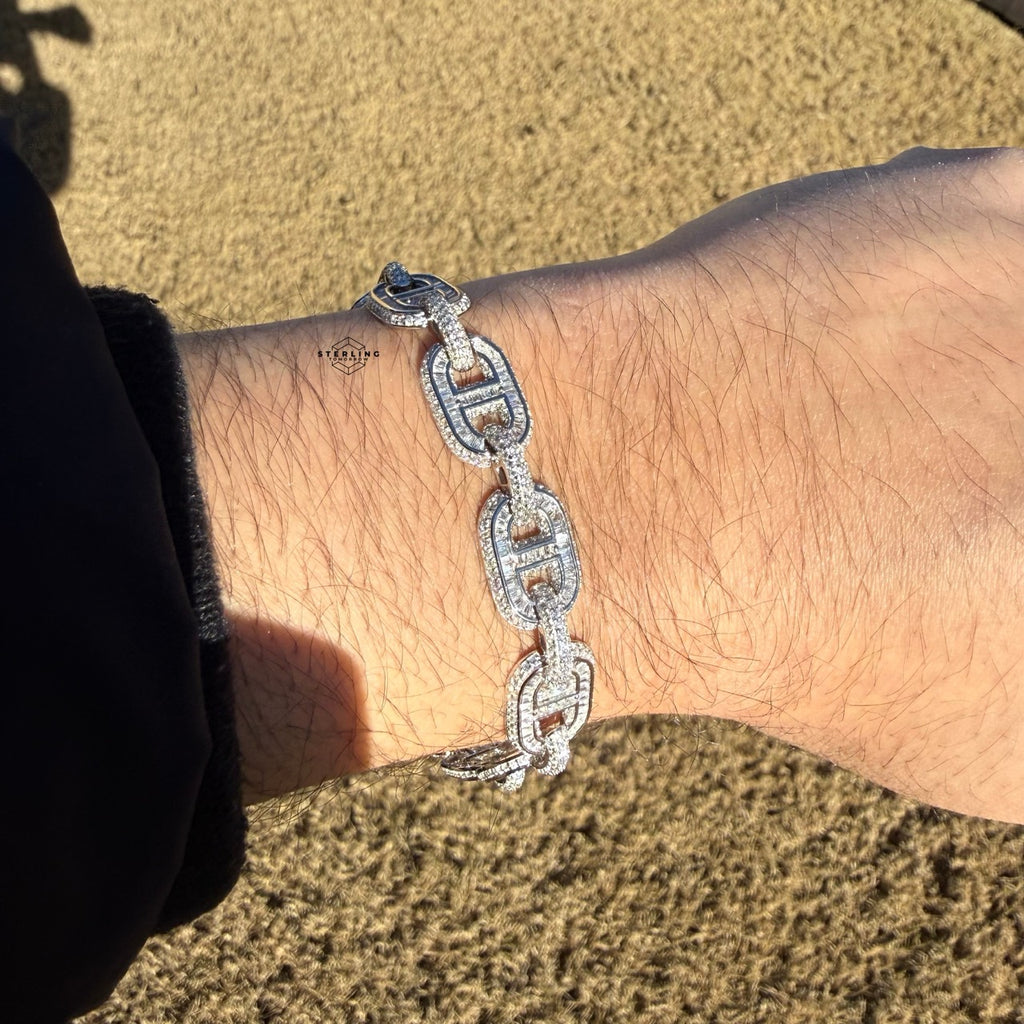 Baguette Oval Link Iced Bracelet 13mm 8" 925 Sterling Silver CZ