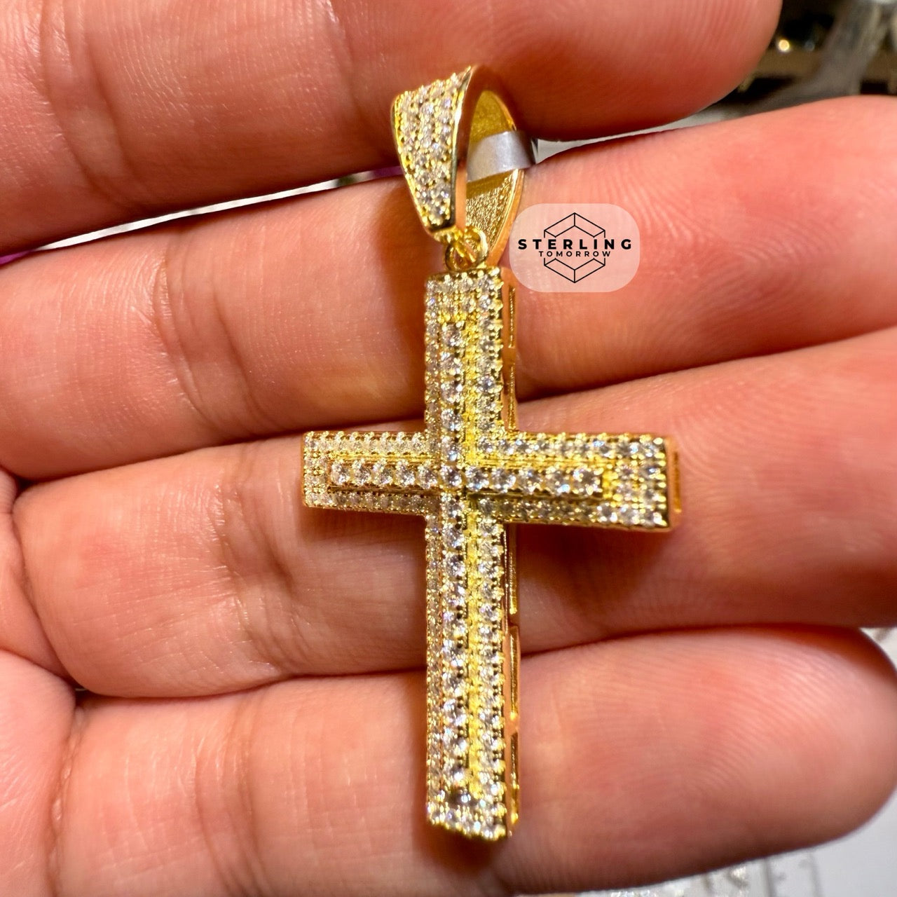 Moissanite 1.5" Gold Tone Iced Out Cross Pendant