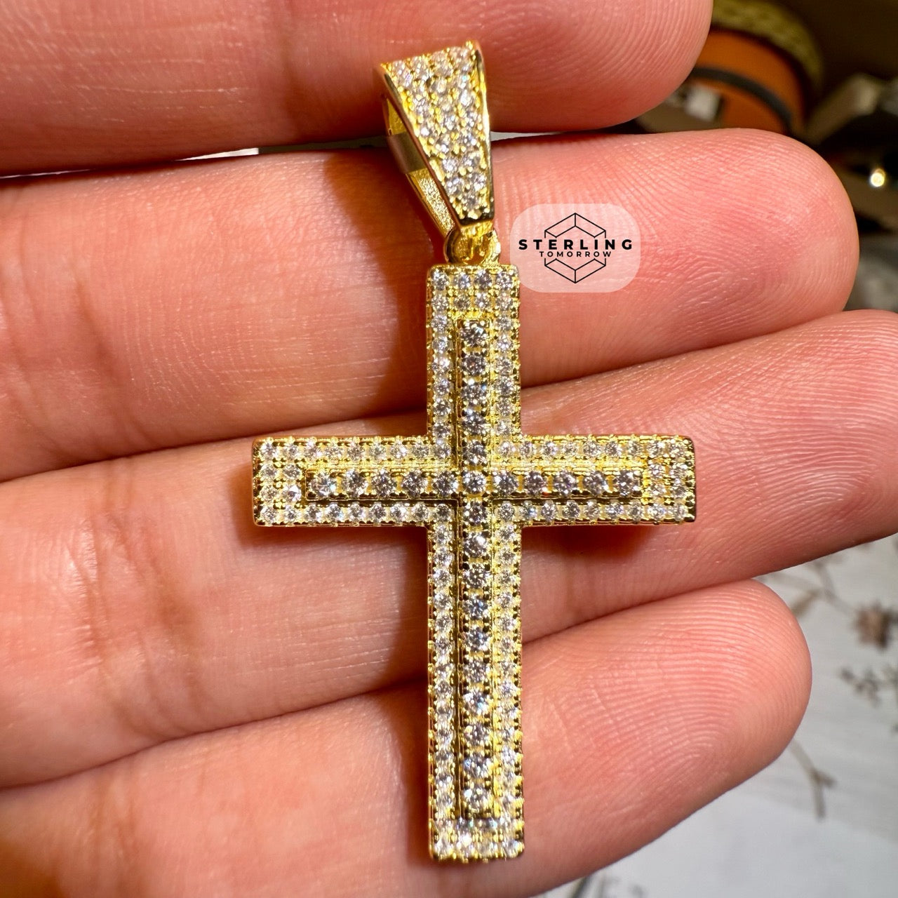Moissanite 1.5" Gold Tone Iced Out Cross Pendant
