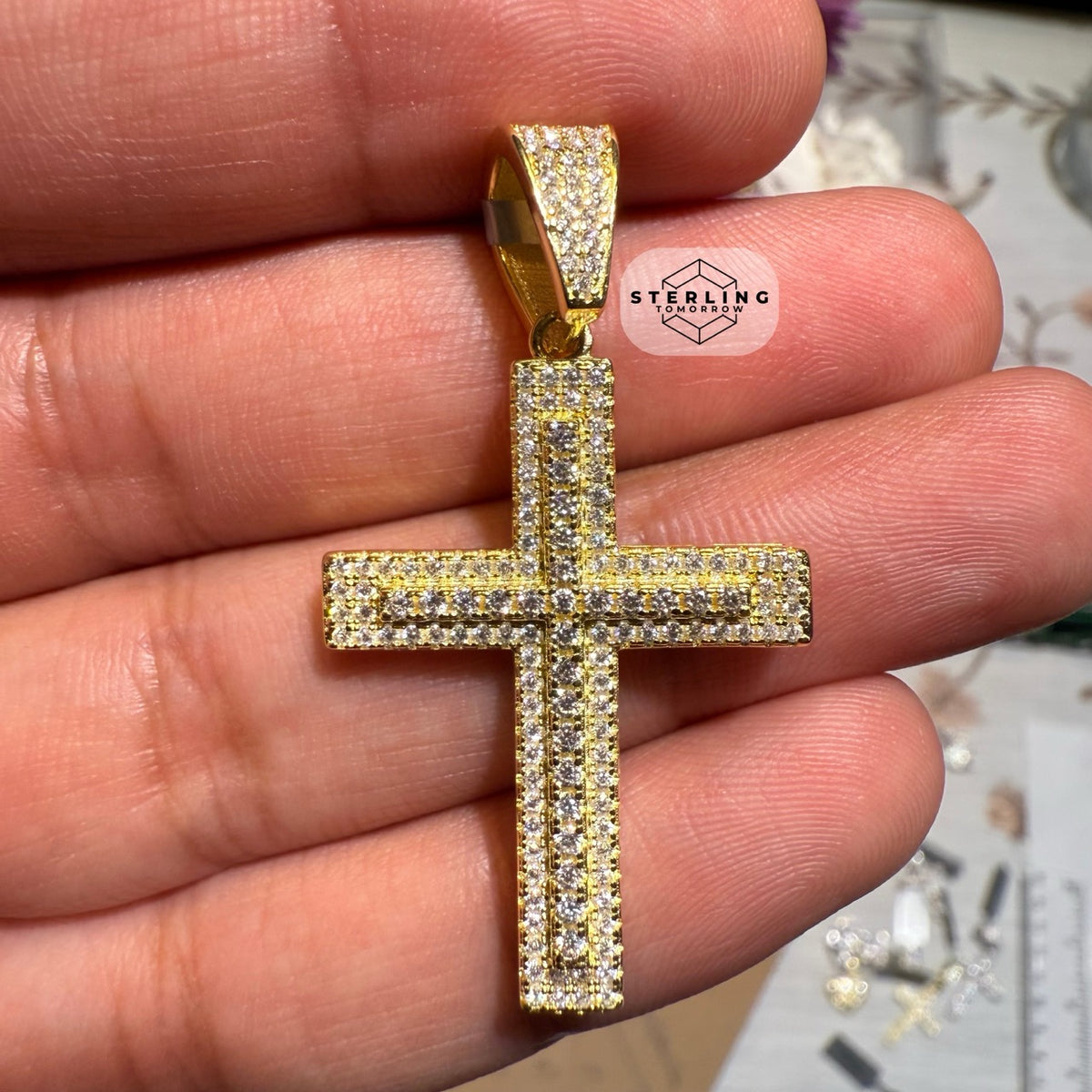 Moissanite 1.5" Gold Tone Iced Out Cross Pendant
