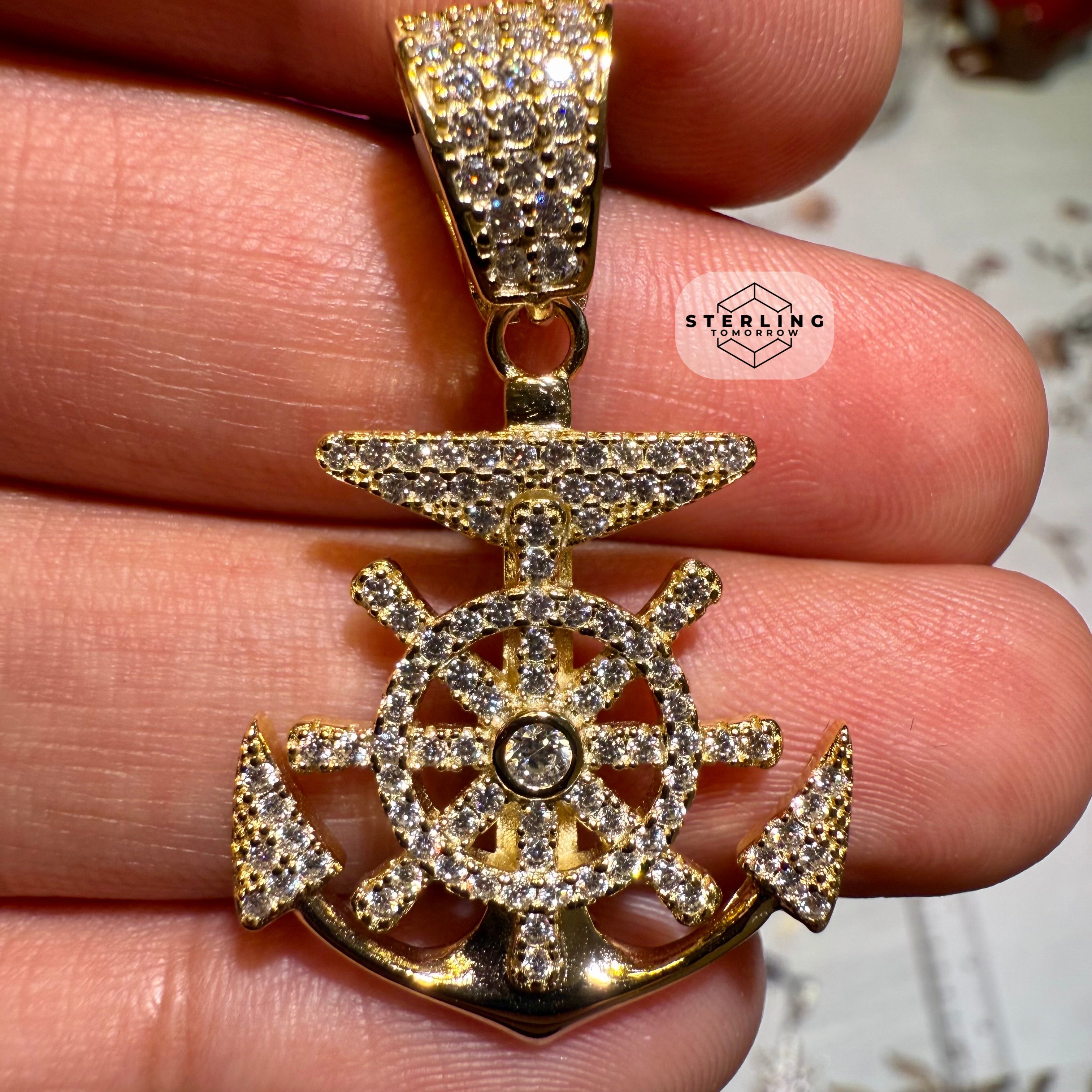 Moissanite Gold Tone Anchor Pendant