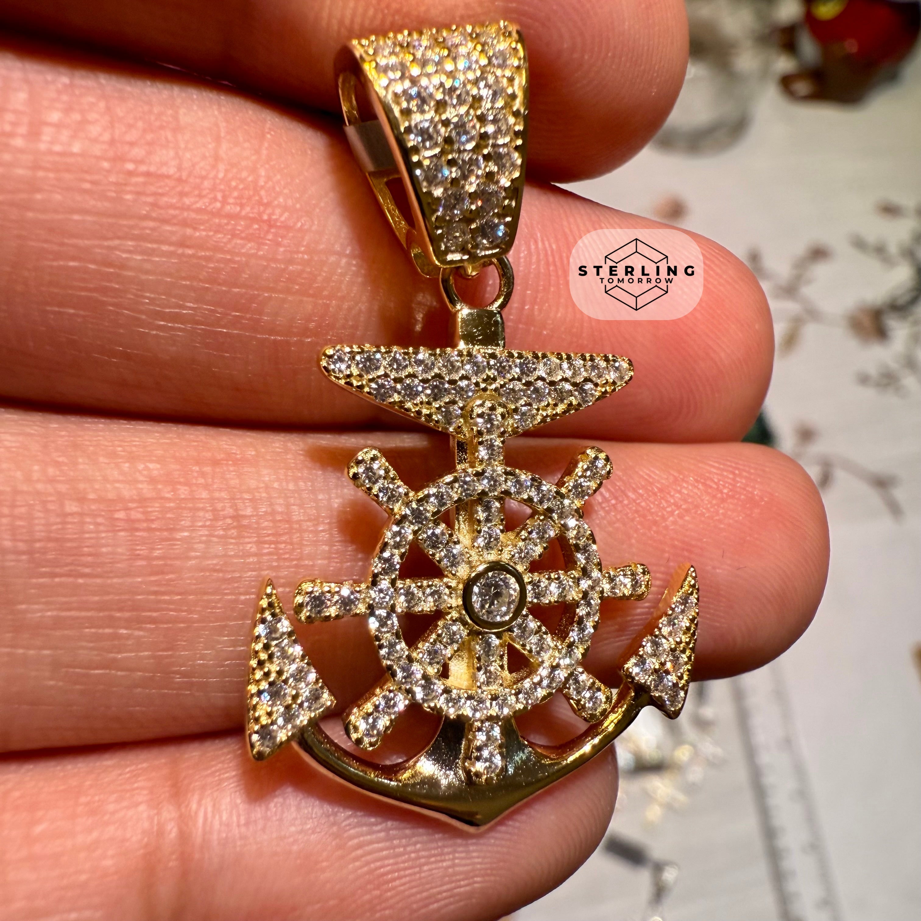 Moissanite Gold Tone Anchor Pendant