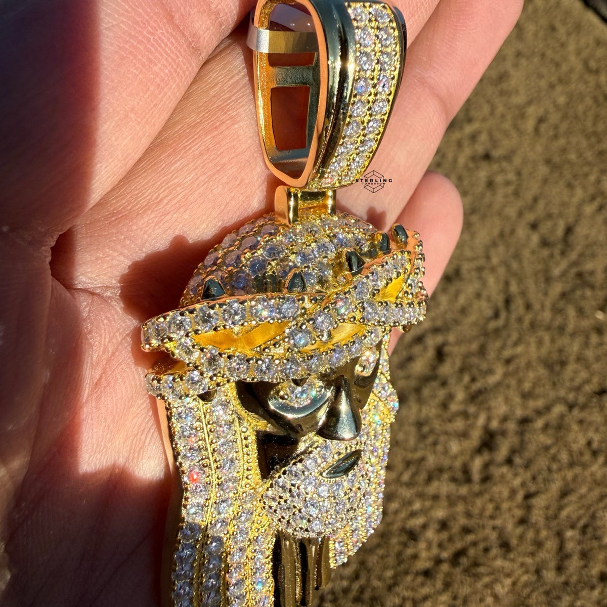 Moissanite 3" Jesus Pendant Gold Tone
