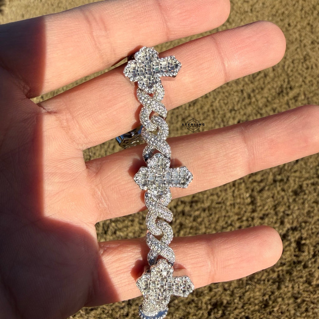Baguette Cross Infinity 925 Sterling Silver Bracelet 18mm 8"