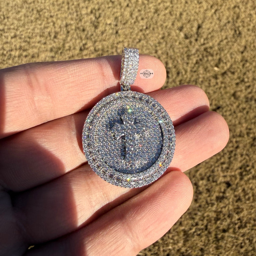 Iced Cross Medallion Silver Tone Pendant