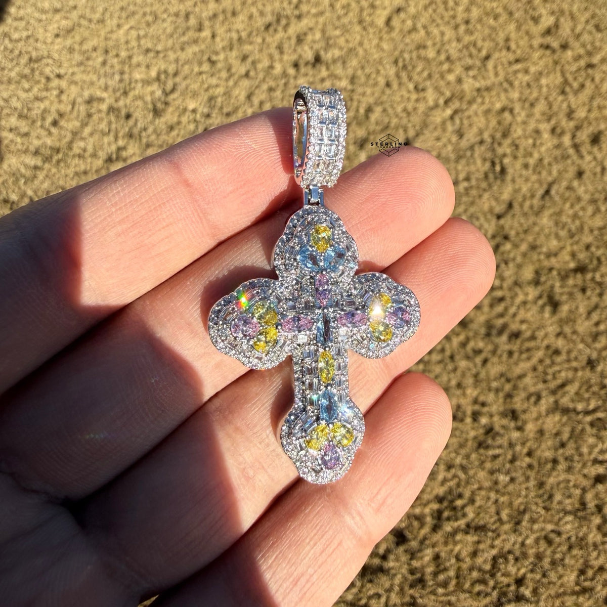 MultiColor Cross Pendant 14k White Gold Plated + Steel Rope Chain