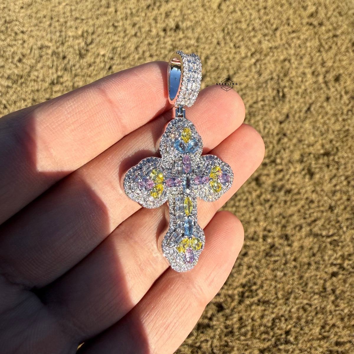 MultiColor Cross Pendant 14k White Gold Plated + Steel Rope Chain