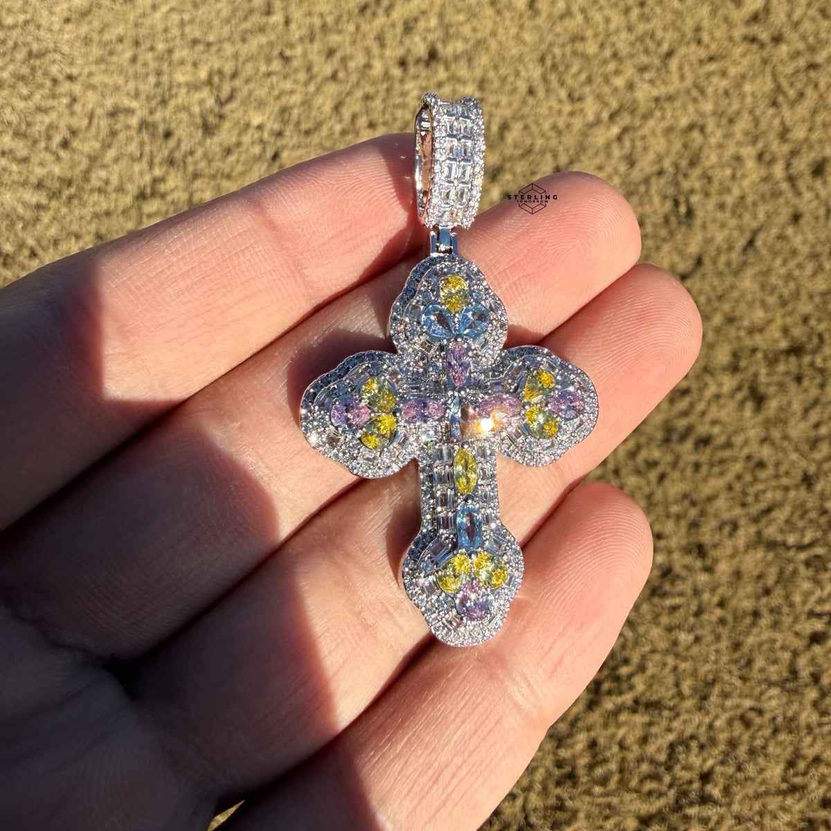 MultiColor Cross Pendant 14k White Gold Plated + Steel Rope Chain