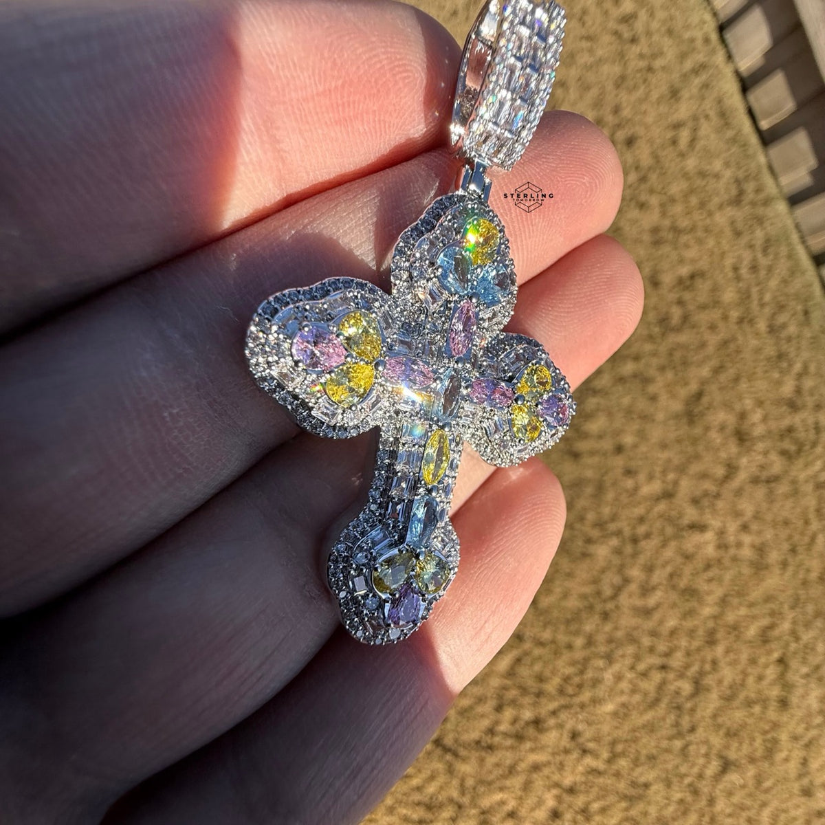 MultiColor Cross Pendant 14k White Gold Plated + Steel Rope Chain