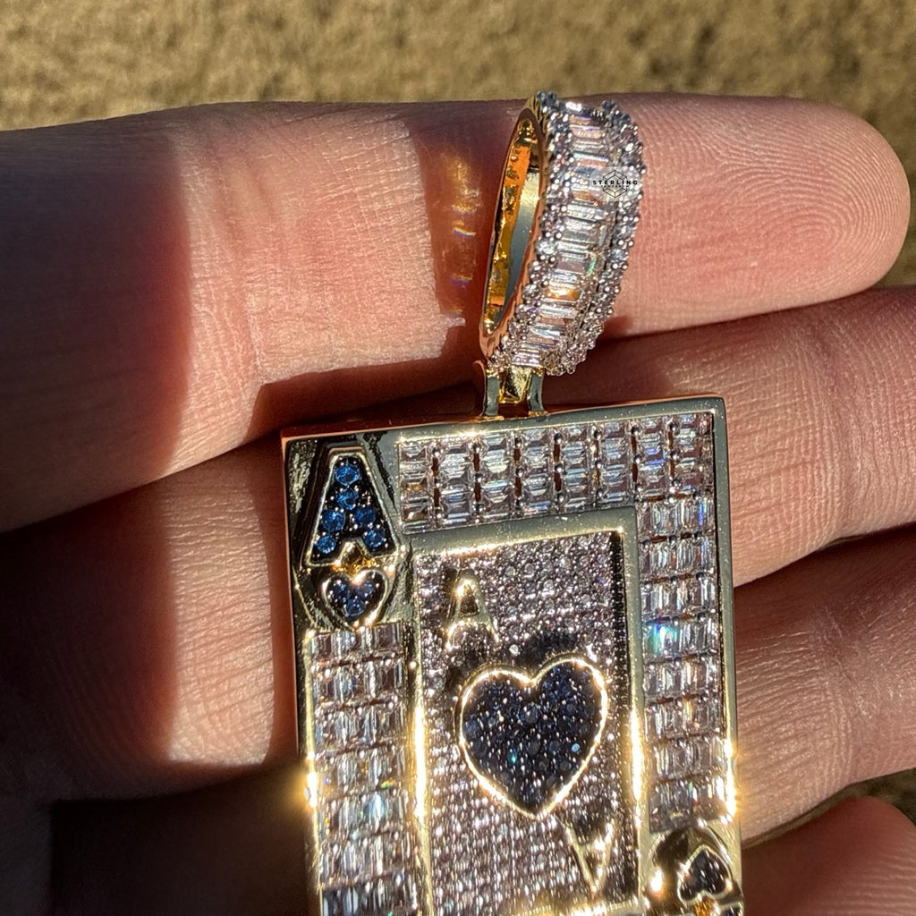 Ace of Hearts Card Pendant | 14K Gold Plated Blue Heart CZ Playing Card Necklace, Iced Out Hip Hop Pendant with Free Rope Chain