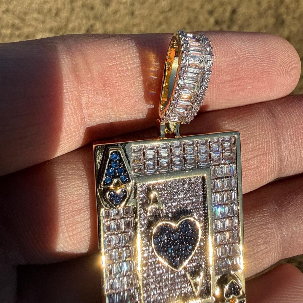 Ace of Hearts Card Pendant | 14K Gold Plated Blue Heart CZ Playing Card Necklace, Iced Out Hip Hop Pendant with Free Rope Chain