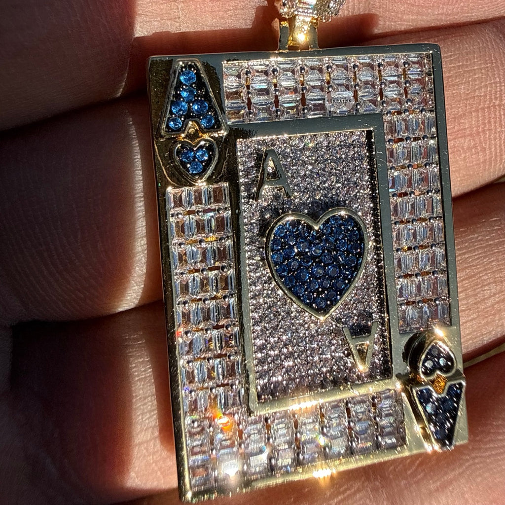 Ace of Hearts Card Pendant | 14K Gold Plated Blue Heart CZ Playing Card Necklace, Iced Out Hip Hop Pendant with Free Rope Chain