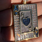 Ace of Hearts Card Pendant | 14K Gold Plated Blue Heart CZ Playing Card Necklace, Iced Out Hip Hop Pendant with Free Rope Chain