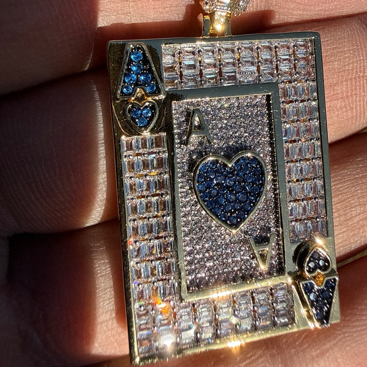Ace of Hearts Card Pendant | 14K Gold Plated Blue Heart CZ Playing Card Necklace, Iced Out Hip Hop Pendant with Free Rope Chain