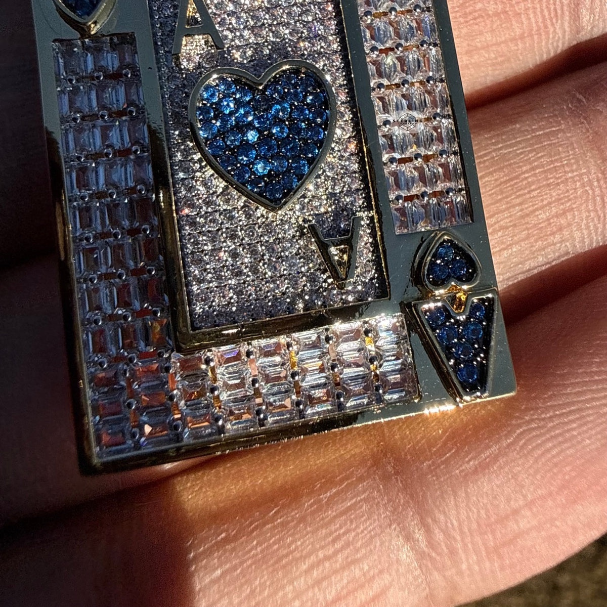 Ace of Hearts Card Pendant | 14K Gold Plated Blue Heart CZ Playing Card Necklace, Iced Out Hip Hop Pendant with Free Rope Chain