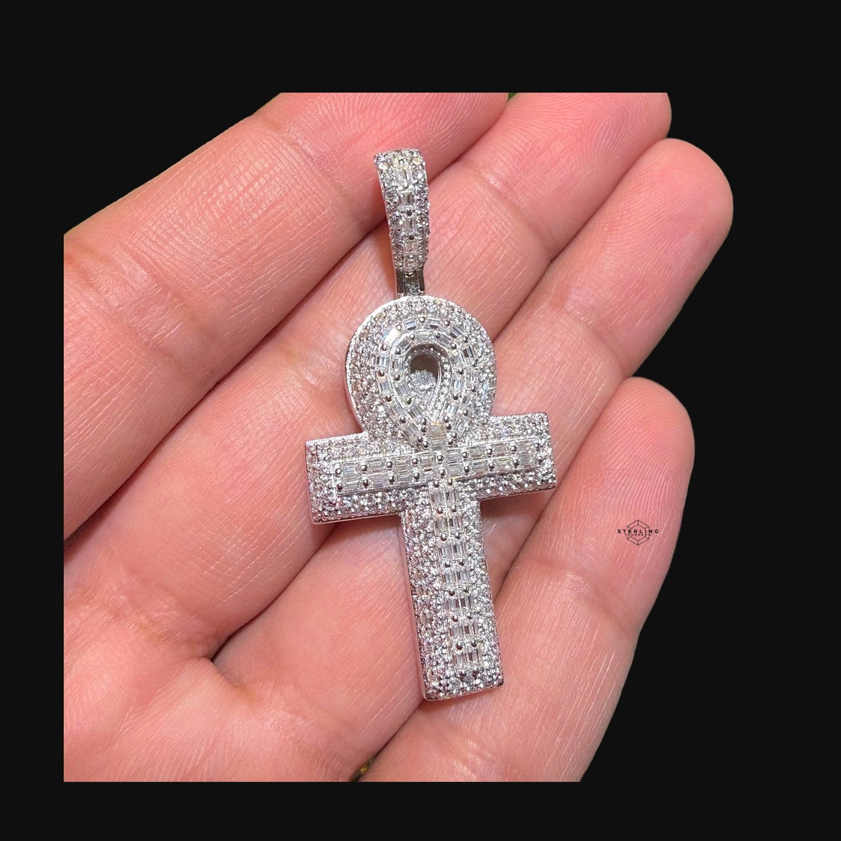 Moissanite Baguette Ankh Pendant 925 Sterling Silver Iced Out Egyptian Cross w/ Rope Chain