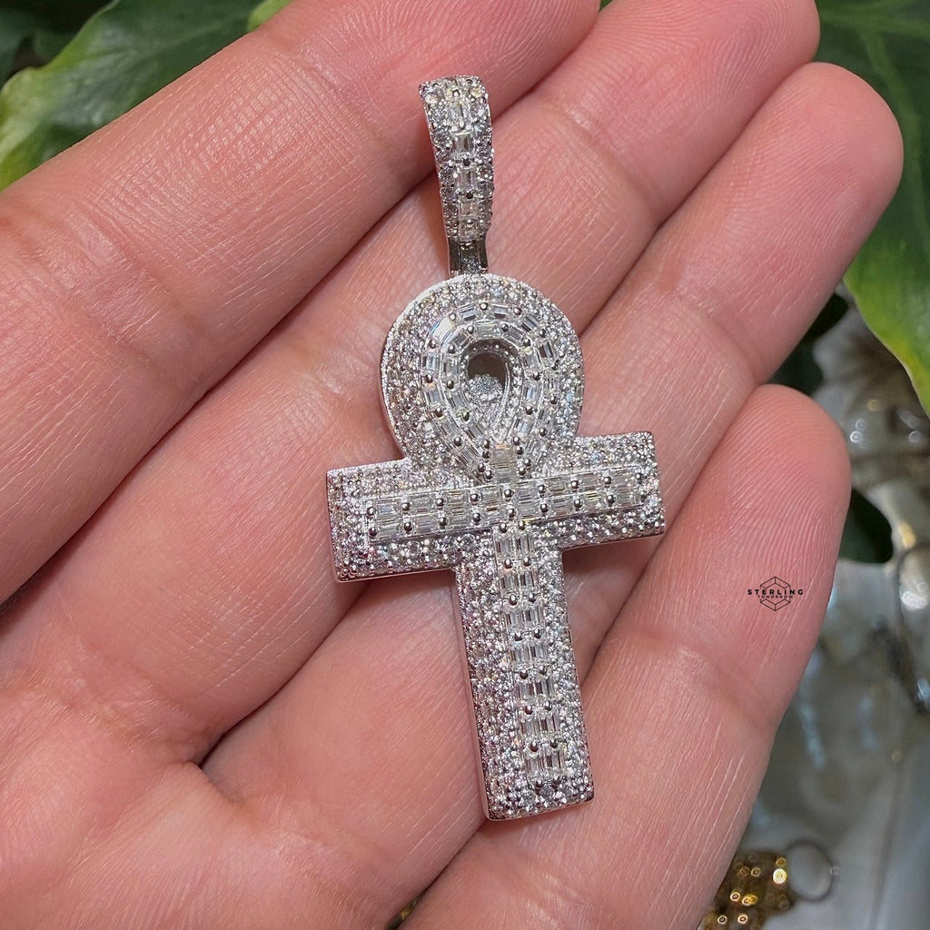 Moissanite Baguette Ankh Pendant 925 Sterling Silver Iced Out Egyptian Cross w/ Rope Chain