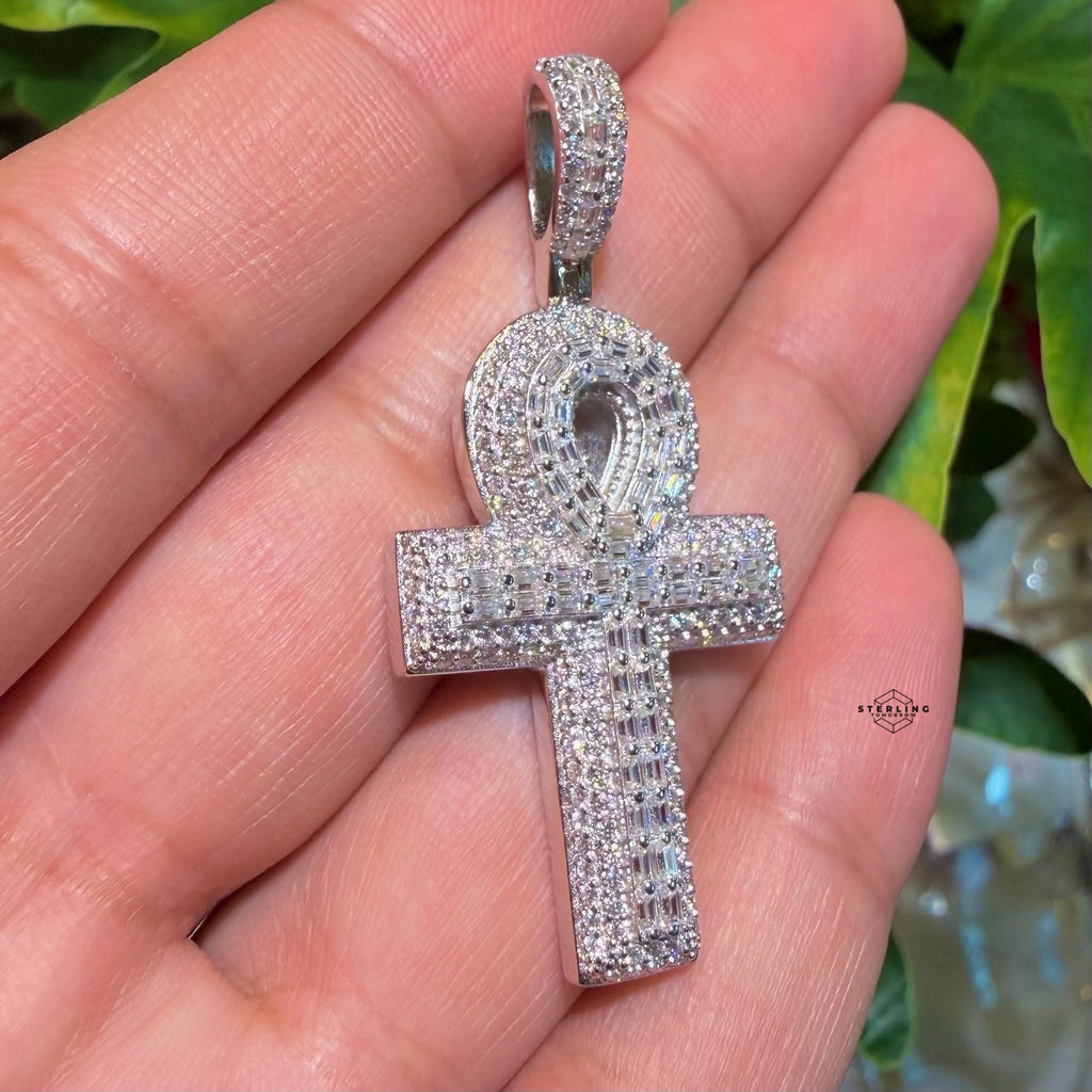 Moissanite Baguette Ankh Pendant 925 Sterling Silver Iced Out Egyptian Cross w/ Rope Chain