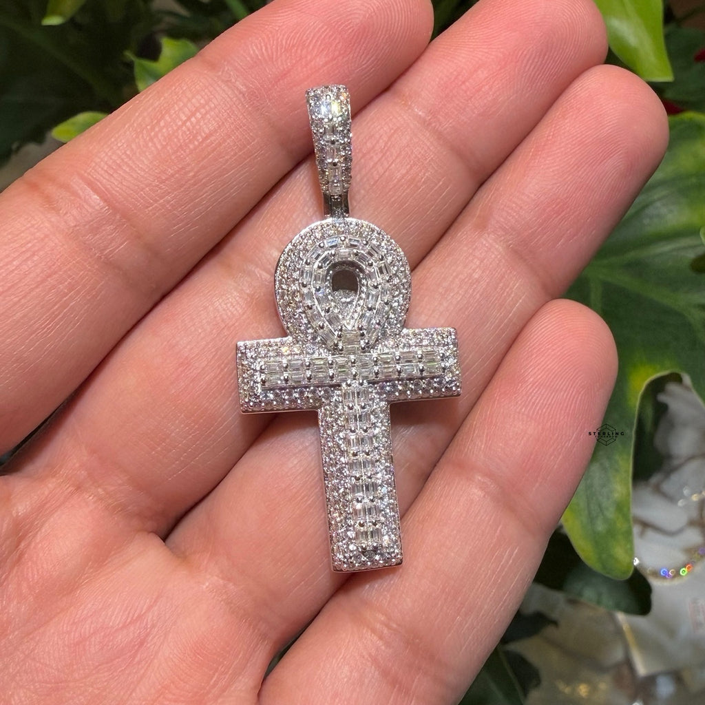 Moissanite Baguette Ankh Pendant 925 Sterling Silver Iced Out Egyptian Cross w/ Rope Chain