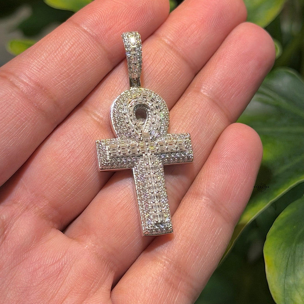 Moissanite Baguette Ankh Pendant 925 Sterling Silver Iced Out Egyptian Cross w/ Rope Chain