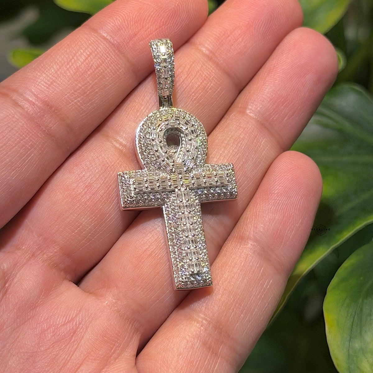 Moissanite Baguette Ankh Pendant 925 Sterling Silver Iced Out Egyptian Cross w/ Rope Chain